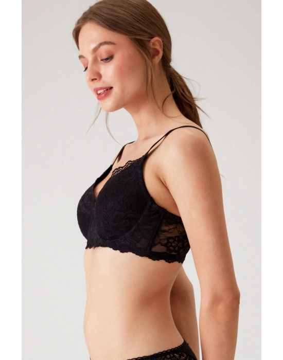 Kadın Siyah 6209 Barcelona Balenli Desteksiz Kalın Askılı Dantelli Toparlayıcı Sütyen