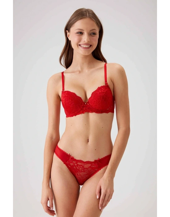 Kadın Kırmızı 4561 Milan Push Up Dolgulu Dantelli Çeyiz Sütyen Ve Külot Iç Çamaşır Takımı