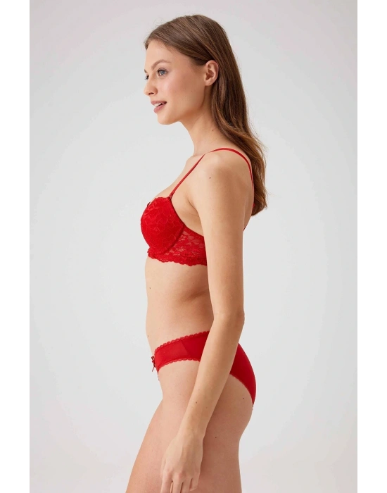 Kadın Kırmızı 4561 Milan Push Up Dolgulu Dantelli Çeyiz Sütyen Ve Külot Iç Çamaşır Takımı