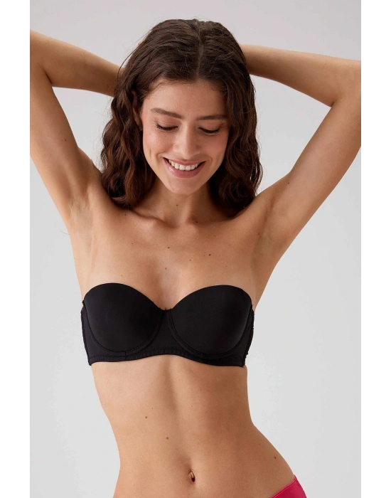 Kadın Siyah 6025 Pisa Balenli Destekli Straplez Sütyen (TAK - ÇIKAR ASKILI)
