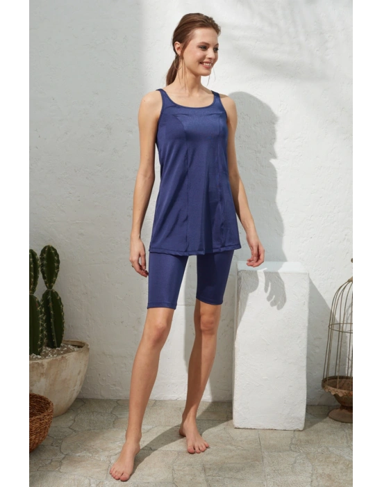 Kadın Lacivert Dubai Askılı Tesettür Tankini Takım 221508