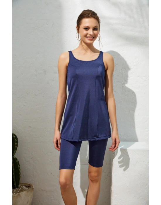 Kadın Lacivert Dubai Askılı Tesettür Tankini Takım 221508