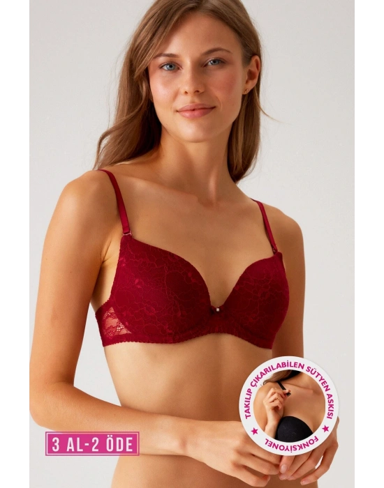 Kadın Bordo 6220 Paris Balenli Desteksiz Dolgusuz Dantelli Sütyen (C CUP SEÇENEĞİYLE)