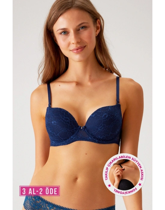 Kadın Lacivert 6221 Lyon Balenli Double Push Up Ekstra Dolgulu Dantelli Tak-çıkar Askılı Sütyen