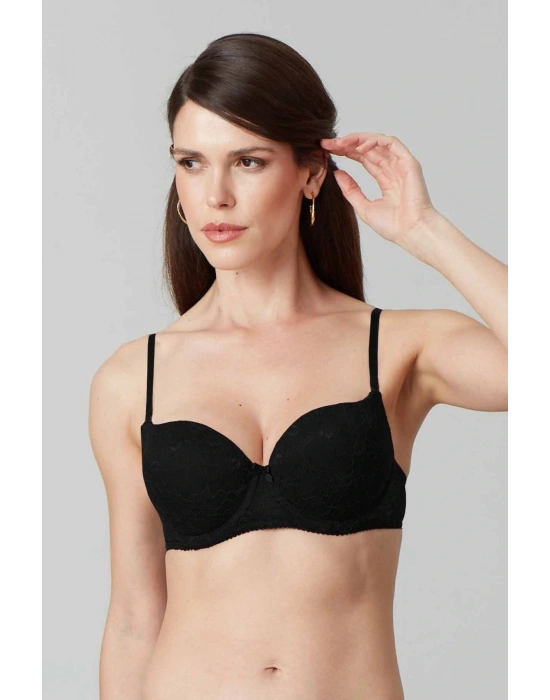 Kadın Siyah 6221 Lyon Balenli Double Push Up Ekstra Dolgulu Dantelli Tak-çıkar Askılı Sütyen