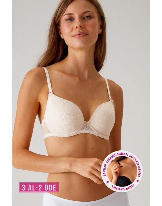 Kadın Pudra 6221 Lyon Balenli Double Push Up Ekstra Dolgulu Dantelli Tak-çıkar Askılı Sütyen