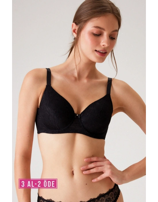 Kadın Siyah 6224 Balenli Desteksiz Toparlayıcı Dantelli Kalın Askılı Minimizer Sütyen