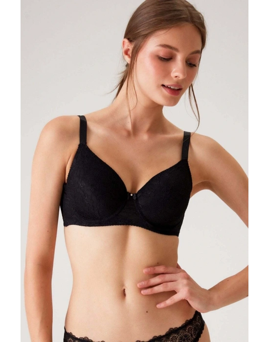 Kadın Siyah 6224 Balenli Desteksiz Toparlayıcı Dantelli Kalın Askılı Minimizer Sütyen