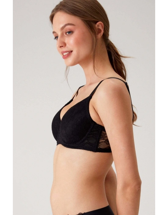 Kadın Siyah 6224 Balenli Desteksiz Toparlayıcı Dantelli Kalın Askılı Minimizer Sütyen