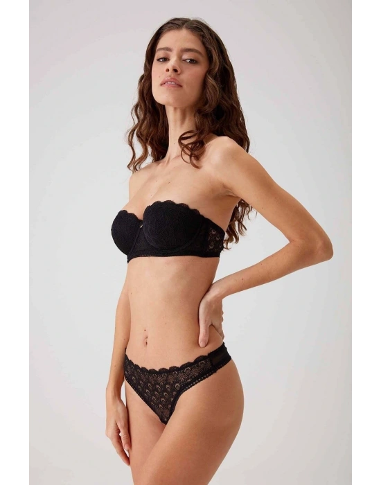 Siyah 4703 Verona Balenli Soft Push Up Dantel Straplez Fantezi Iç Çamaşır Takımı