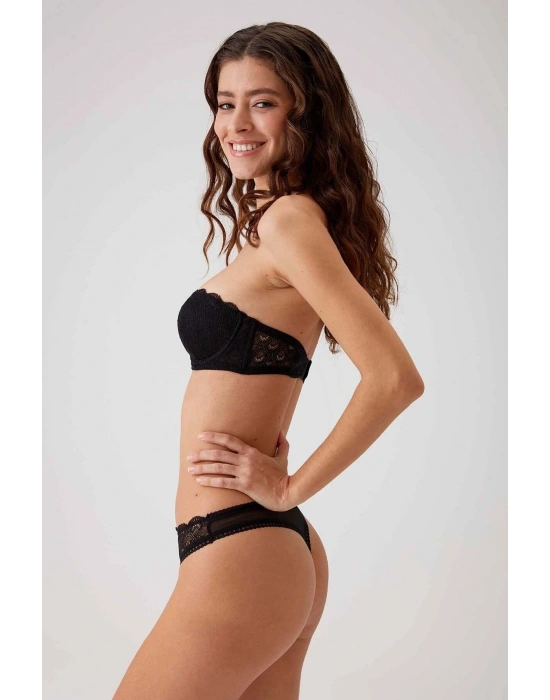 Siyah 4703 Verona Balenli Soft Push Up Dantel Straplez Fantezi Iç Çamaşır Takımı