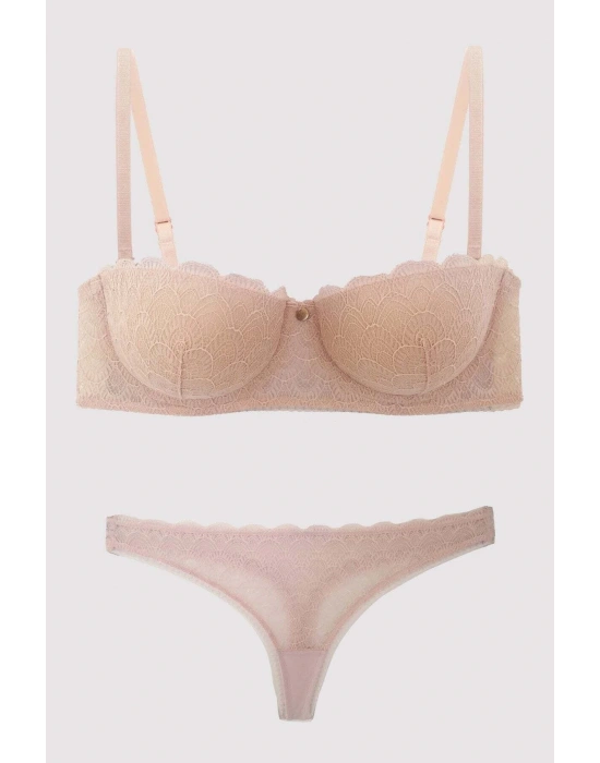 Pudra 4703 Verona Balenli Soft Push Up Dantel Straplez Fantezi Iç Çamaşır Takımı