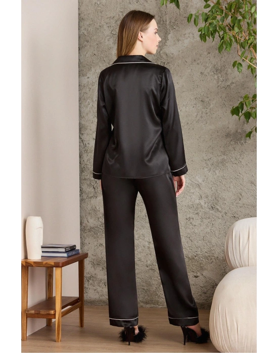 Saten Biyeli Kadın Pijama Takımı - 1200 Siyah