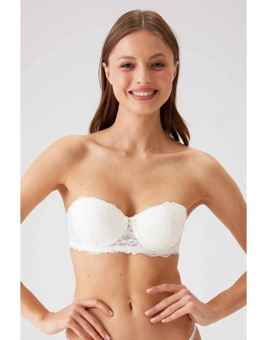 Kadın Ekru 6203 Balenli Destekli Straplez Dantelli Sütyen