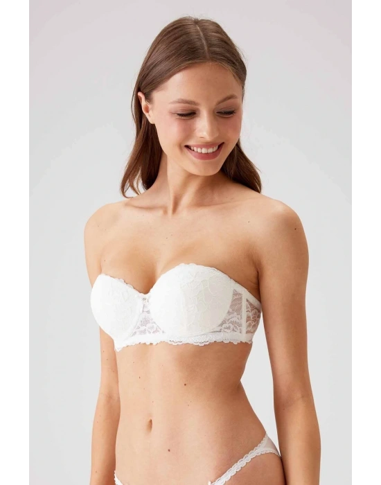 Kadın Ekru 6203 Balenli Destekli Straplez Dantelli Sütyen