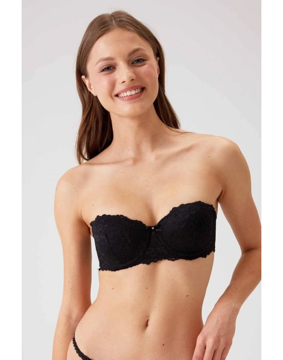 Kadın Siyah 6203 Balenli Destekli Straplez Dantelli Sütyen