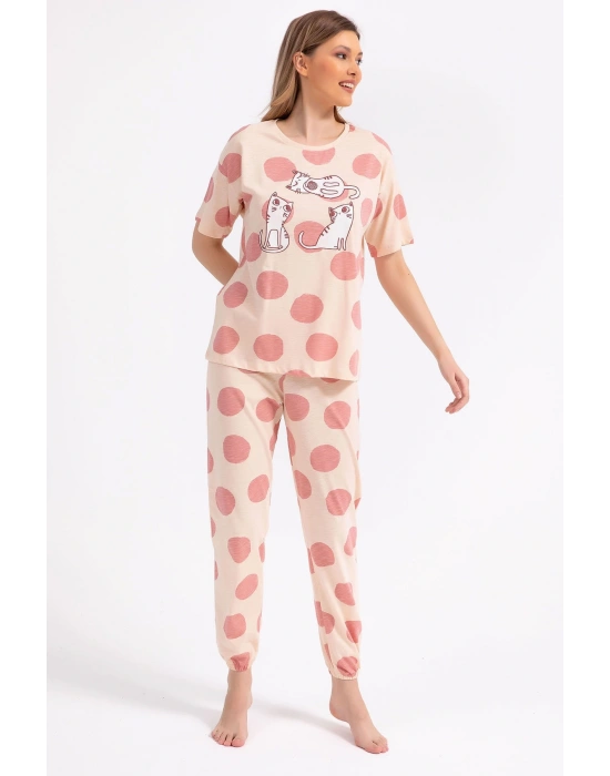 Kadın Badem Renk Cats Kedi Desenli Kısa Kol Pijama Takım
