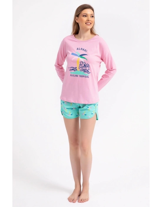 Rolypoly Feeling Tropical Pembe Kadın Uzun Kol Şort Takım