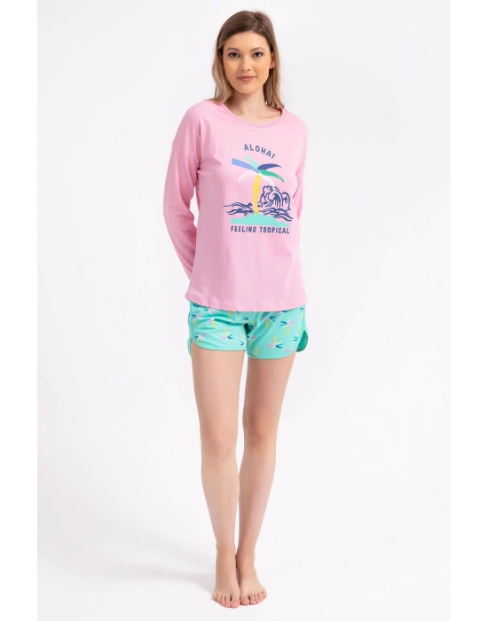 Rolypoly Feeling Tropical Pembe Kadın Uzun Kol Şort Takım