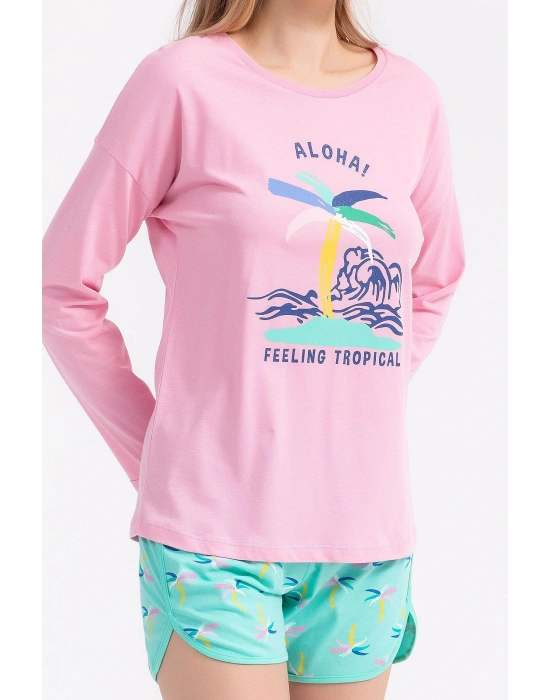 Rolypoly Feeling Tropical Pembe Kadın Uzun Kol Şort Takım
