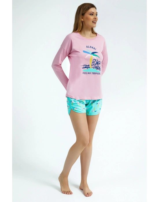 Rolypoly Feeling Tropical Pembe Kadın Uzun Kol Şort Takım