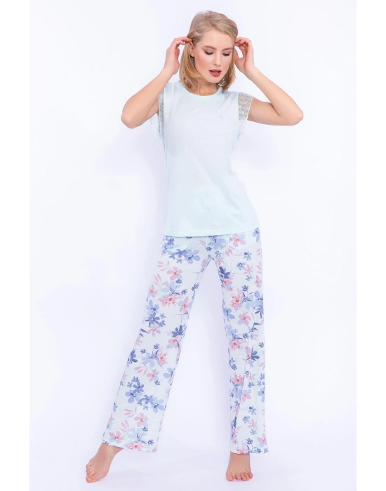 1899 Çiçek Desenli Nil Dantel Detaylı Kadın Pijama Takımı