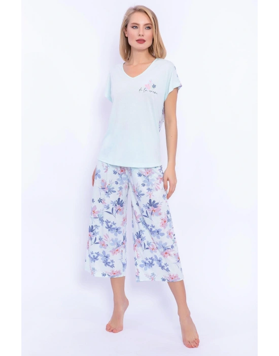 1899 Çiçek Desenli Nil Dantel Detaylı Kadın Pijama Takımı