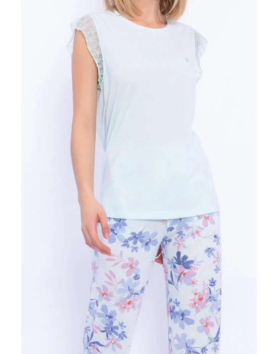 1899 Çiçek Desenli Nil Dantel Detaylı Kadın Pijama Takımı