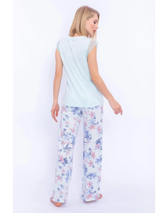 1899 Çiçek Desenli Nil Dantel Detaylı Kadın Pijama Takımı