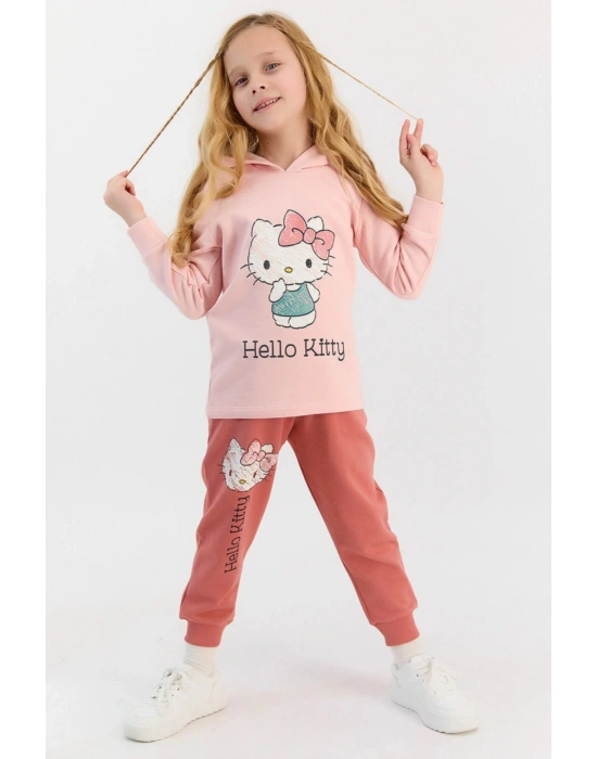 Lisanslı Pudra Kız Çocuk Kapşonlu Eşofman Takımı