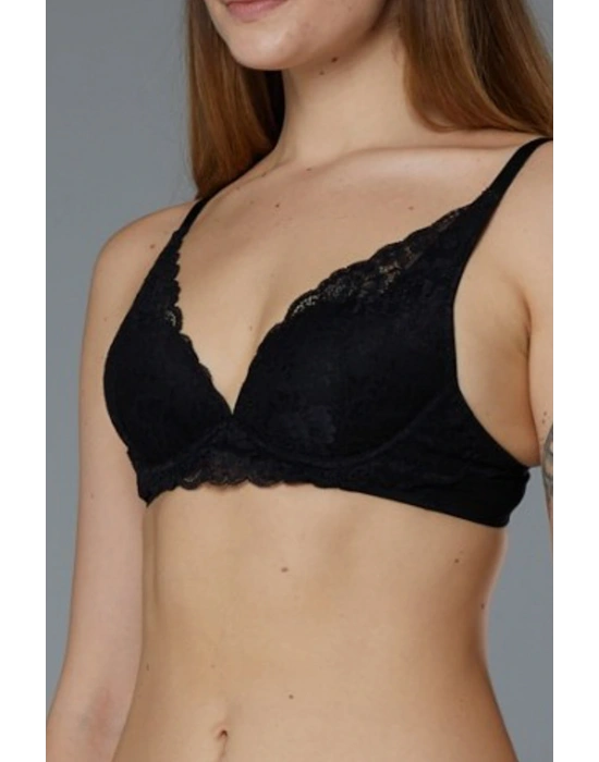 Kadın Siyah Dantelli Balenli Pus-up Sütyen 11-394