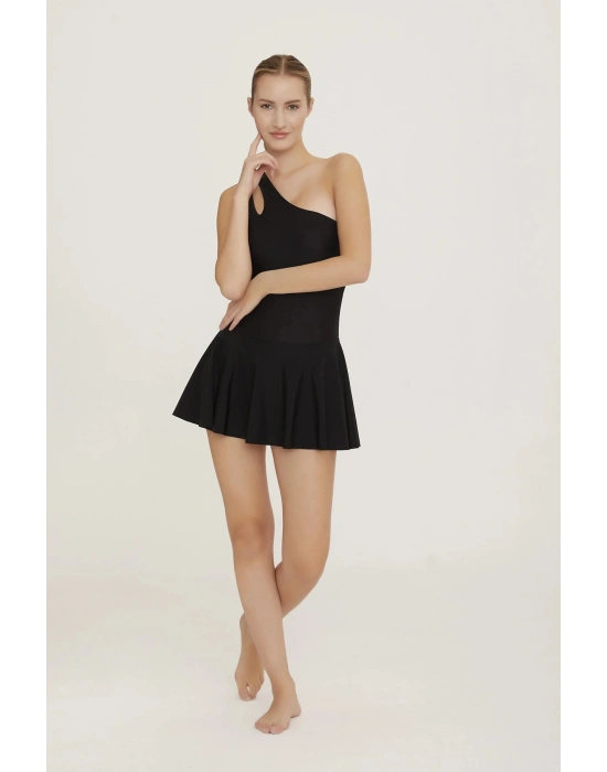 Kadın Siyah Tek Askı Etekli Mayo