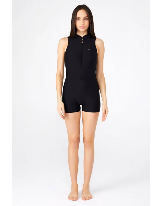 Kadın Kalın Askılı Yarım Fermuarlı Şortlu Yüzücü Mayo Tek Parça Siyah Havuz Mayosu