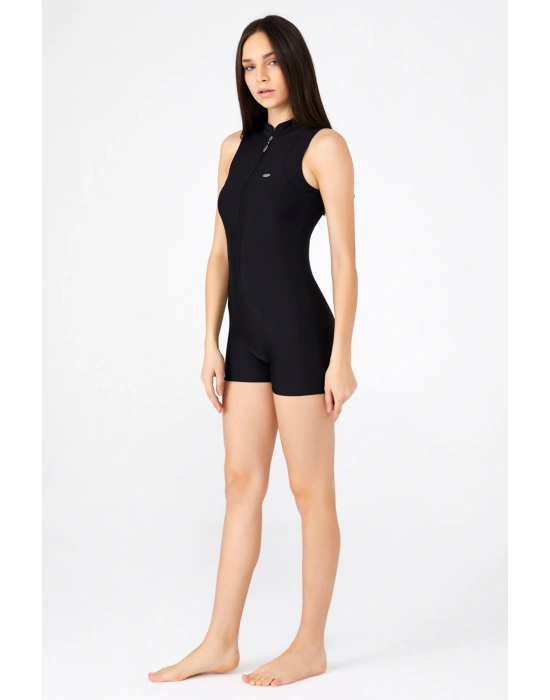 Kadın Kalın Askılı Yarım Fermuarlı Şortlu Yüzücü Mayo Tek Parça Siyah Havuz Mayosu