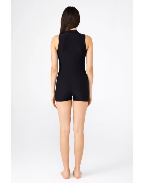 Kadın Kalın Askılı Yarım Fermuarlı Şortlu Yüzücü Mayo Tek Parça Siyah Havuz Mayosu