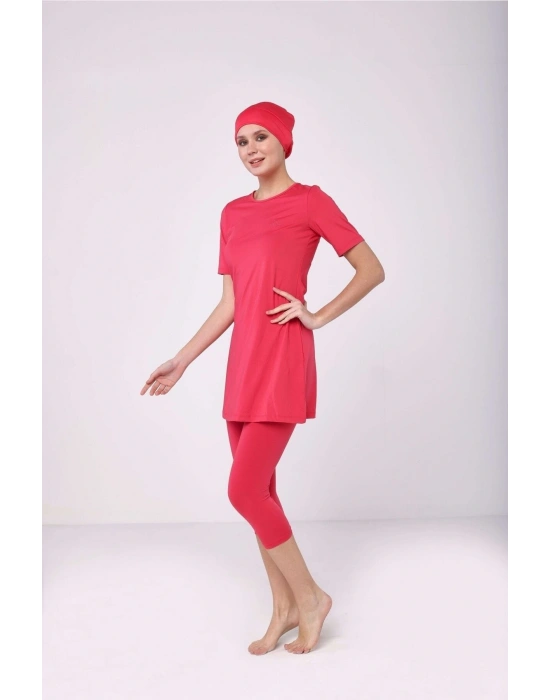 Büyük Beden Yarı Kapalı Tesettür Mayo Mercan Rengi Kısa Kollu Taytlı Yarı Kapalı