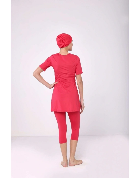 Büyük Beden Yarı Kapalı Tesettür Mayo Mercan Rengi Kısa Kollu Taytlı Yarı Kapalı