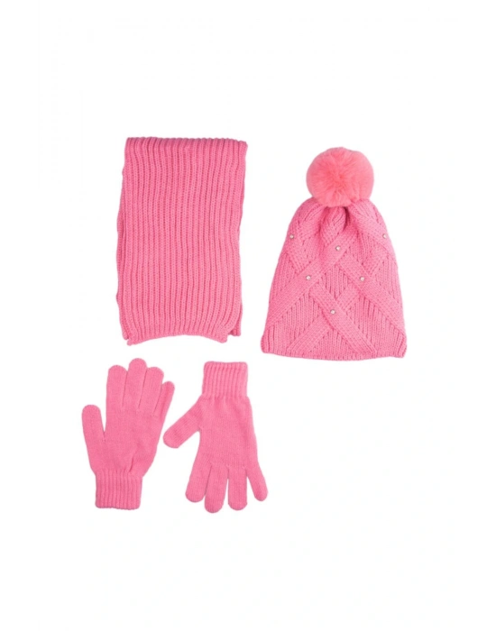 Üçlü Takım Garson Boy Pembe Atkı Bere Eldiven Set Taşlı Ponponlu Tüylenme Yapmaz