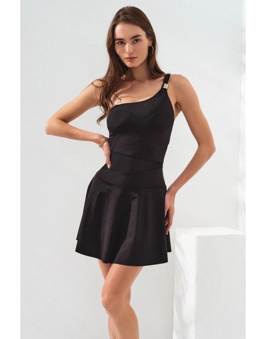 Kadın Siyah Tek Omuz Gold Tokalı Elbise Etekli Mayo Tül Detaylı Çıkarılabilir Askılı Kaplı Sade