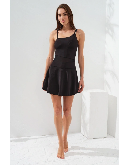 Kadın Siyah Tek Omuz Gold Tokalı Elbise Etekli Mayo Tül Detaylı Çıkarılabilir Askılı Kaplı Sade