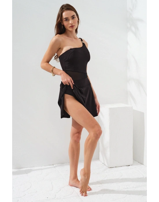 Kadın Siyah Tek Omuz Gold Tokalı Elbise Etekli Mayo Tül Detaylı Çıkarılabilir Askılı Kaplı Sade