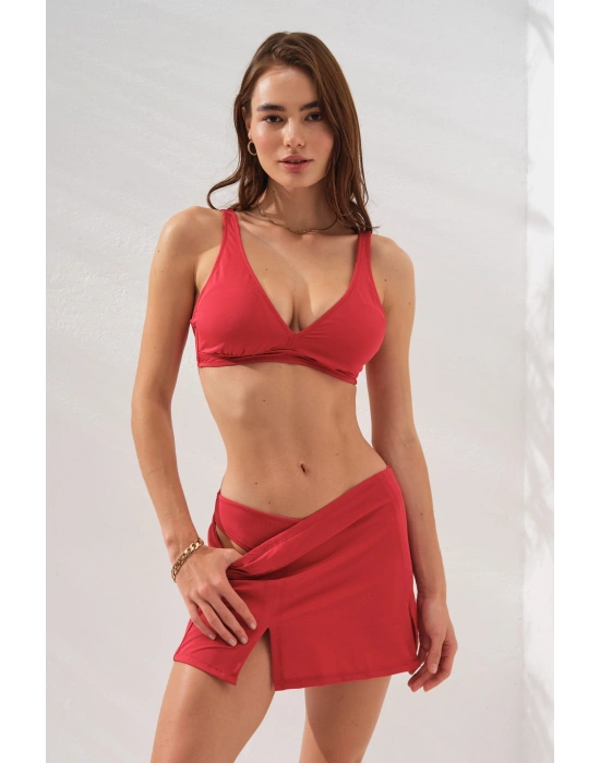 Pearl Etekli Fra Bikini Takım Üçlü Set Kırmızı 231228