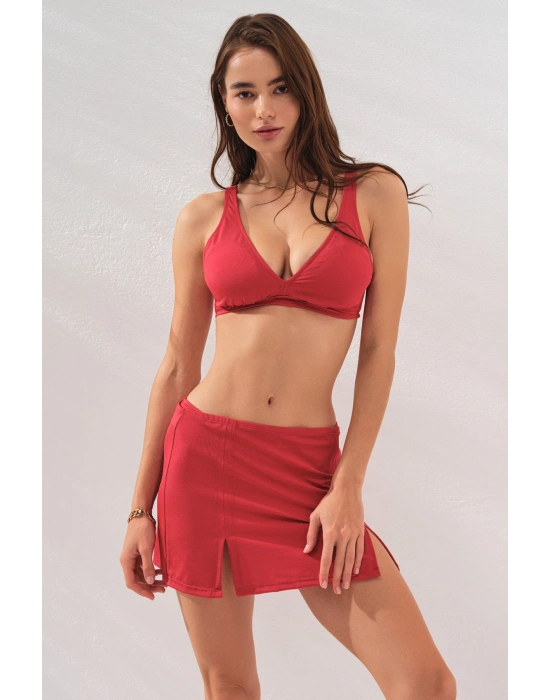 Pearl Etekli Fra Bikini Takım Üçlü Set Kırmızı 231228