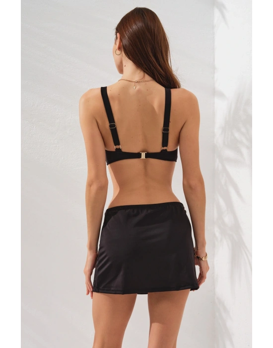 Siyah Üçgen Derin Dekolteli Ayarlanabilir Askılı Etek Bikini Takımı Yırtmaç Detaylı Yüksek Bel