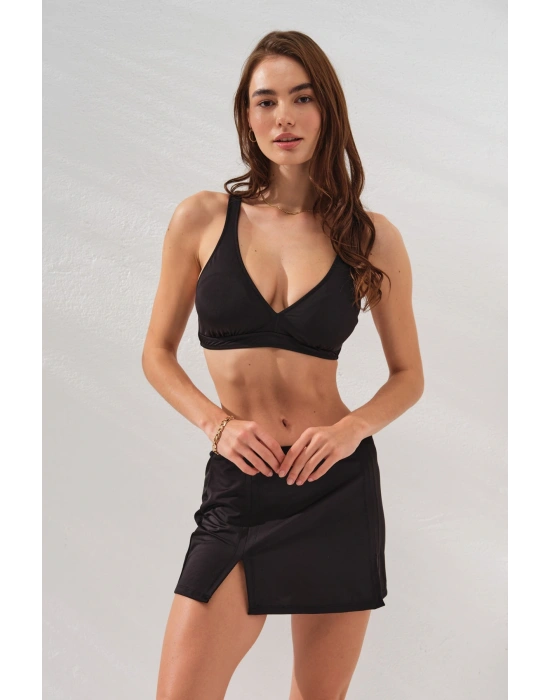 Siyah Üçgen Derin Dekolteli Ayarlanabilir Askılı Etek Bikini Takımı Yırtmaç Detaylı Yüksek Bel