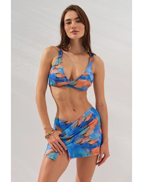 3lü Mavi Fra Batik Desenli Mini Yırtmaçlı Etek Bikini Takımı Üçgen Askılı Pedli Toparlayıcı