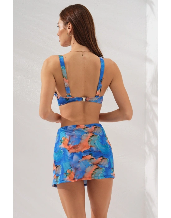 3lü Mavi Fra Batik Desenli Mini Yırtmaçlı Etek Bikini Takımı Üçgen Askılı Pedli Toparlayıcı