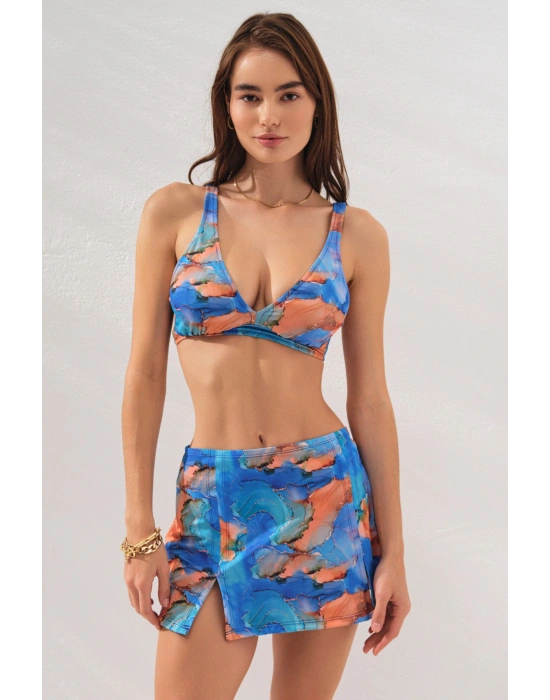 3lü Mavi Fra Batik Desenli Mini Yırtmaçlı Etek Bikini Takımı Üçgen Askılı Pedli Toparlayıcı