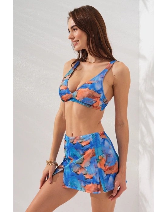 3lü Mavi Fra Batik Desenli Mini Yırtmaçlı Etek Bikini Takımı Üçgen Askılı Pedli Toparlayıcı