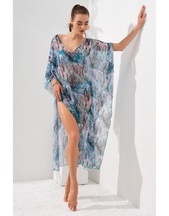 V Yaka Elbise Pareo Coral 231803-d